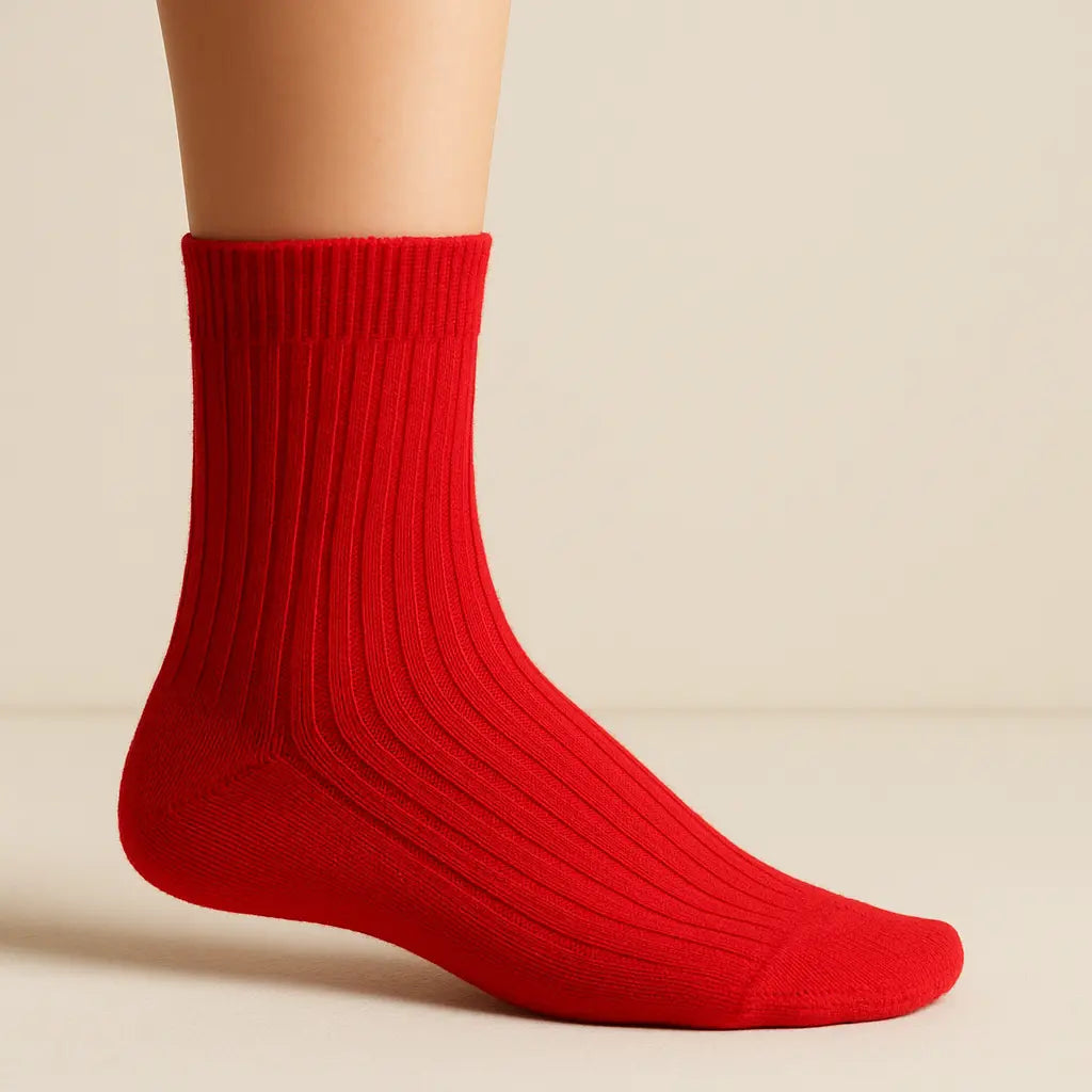 Chaussettes enfants Couleurs rouges en coton, mi-mollet sur pied mannequin