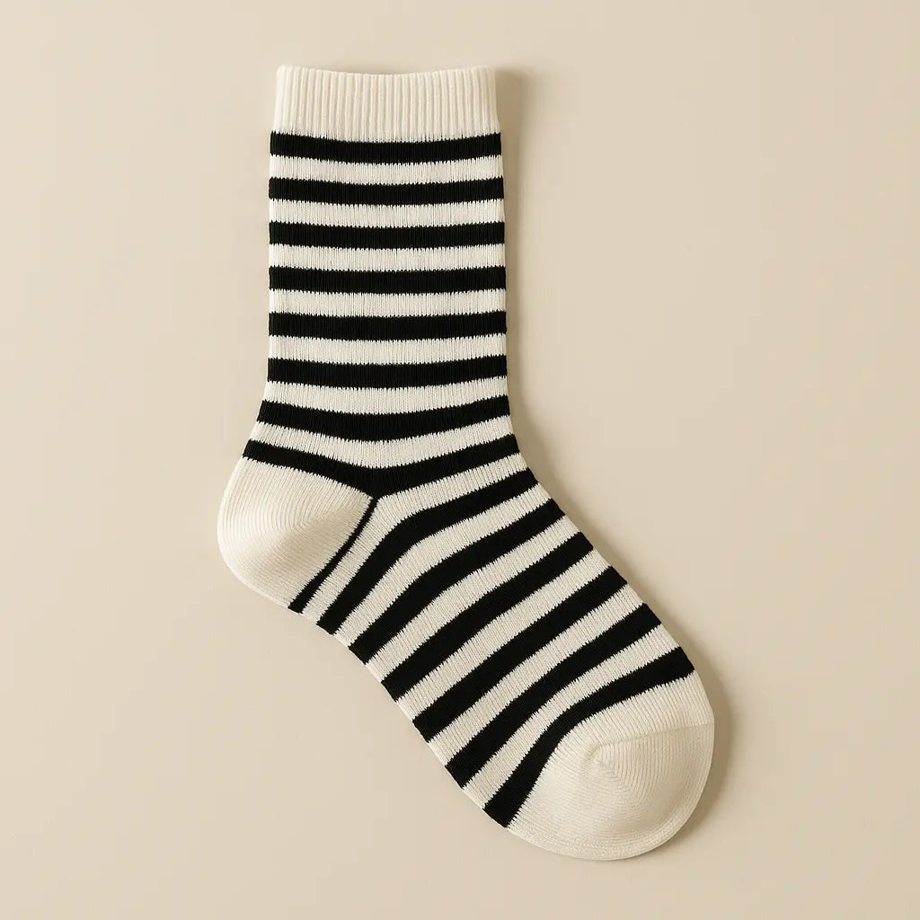 Chaussettes enfants rayures blanches mi-mollet en coton vue à plat