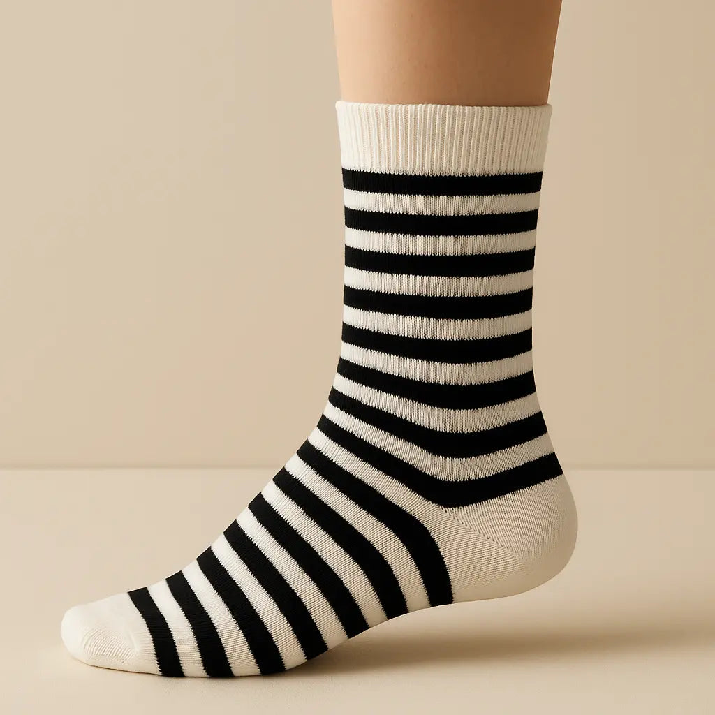 Chaussettes enfants rayures blanches mi-mollet en coton sur pied mannequin