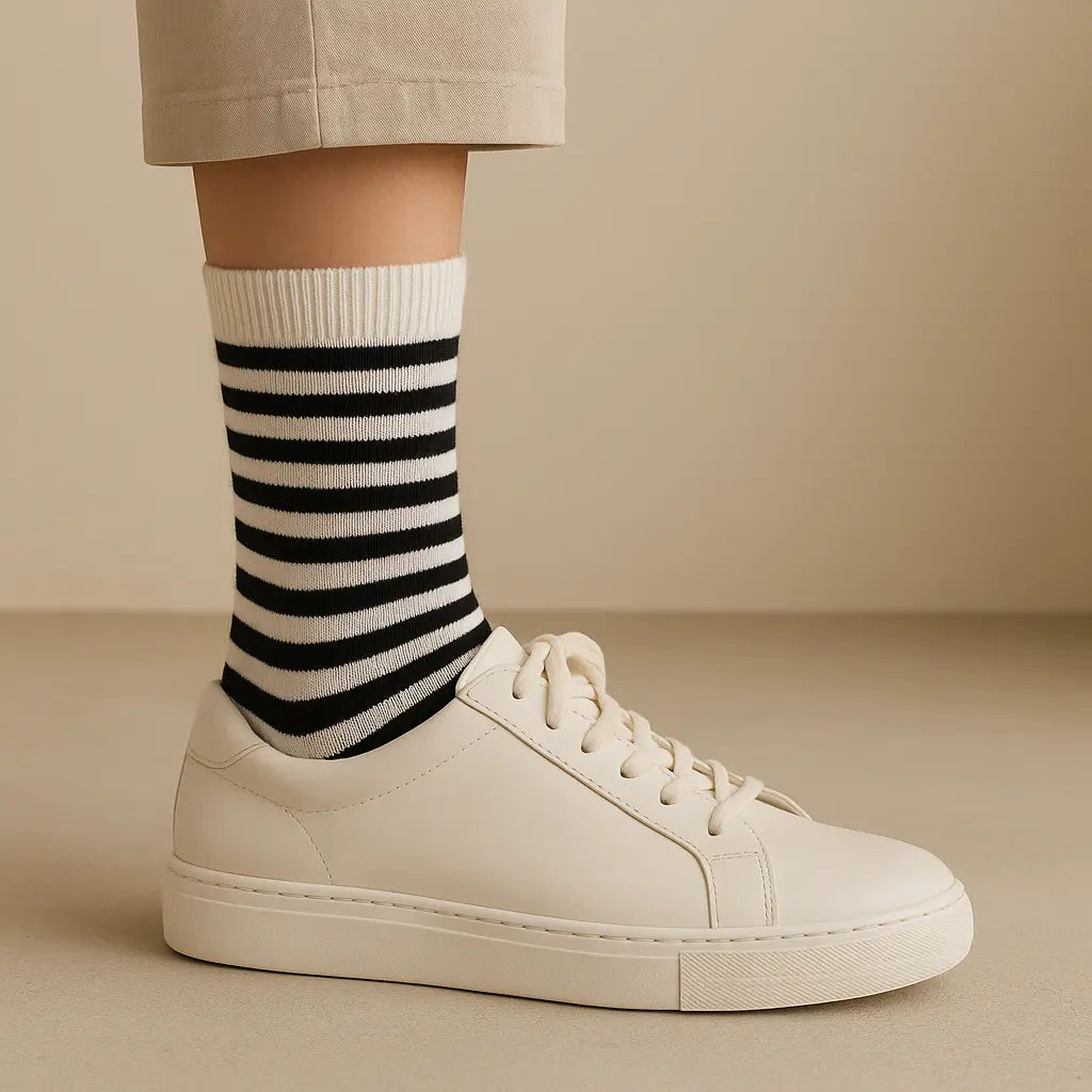 Chaussettes enfants rayures blanches mi-mollet en coton avec chaussures