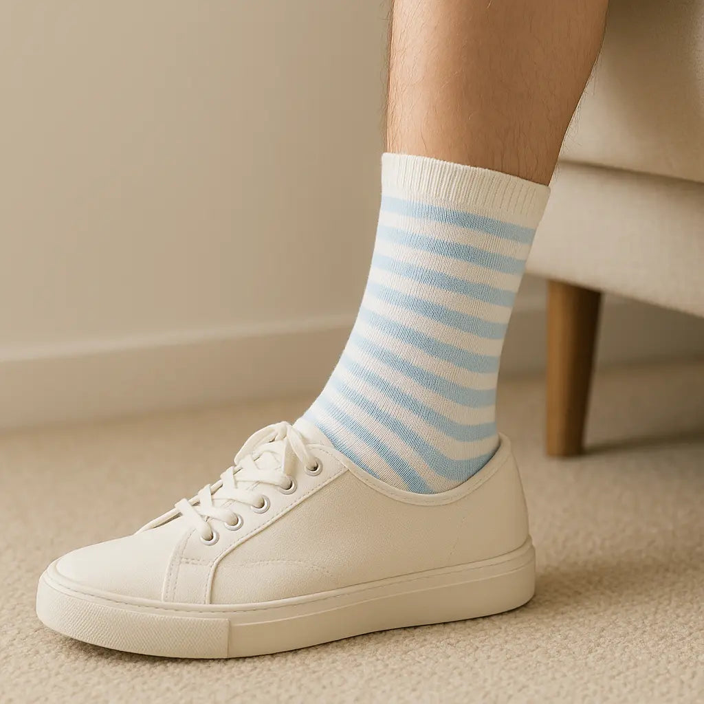 Chaussettes enfants rayures mollet coton blanc en situation