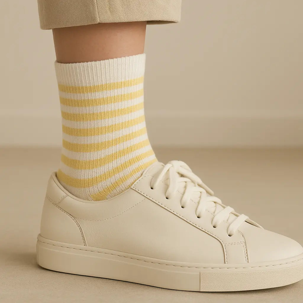 Chaussettes enfants rayures jaunes mollet en coton avec chaussures