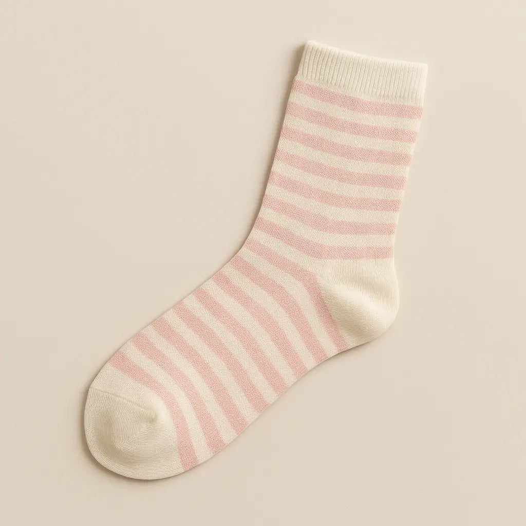 Chaussettes enfants rayées rose en coton mi-mollet vue à plat