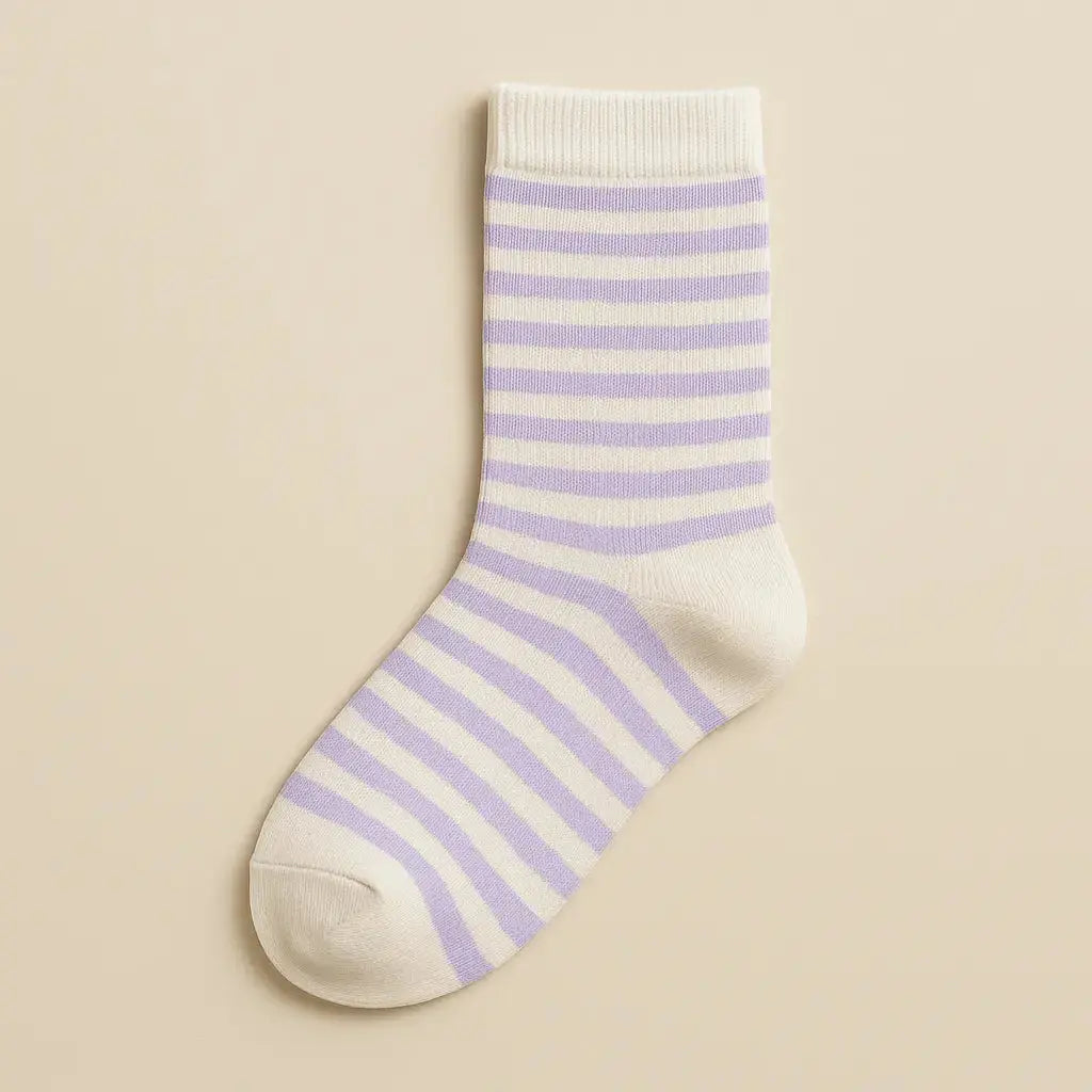 Chaussettes enfants rayures violettes en coton mi-mollet vue à plat