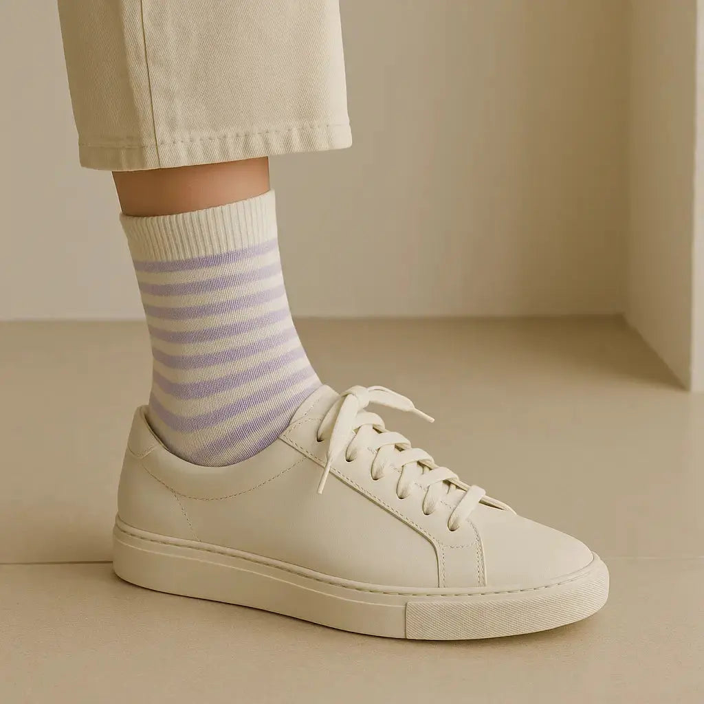 Chaussettes enfants rayures violettes en coton mi-mollet avec chaussures