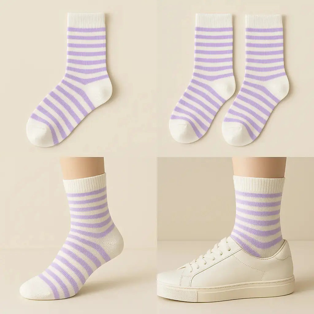 Chaussettes enfants rayures violettes en coton mi-mollet galerie produit