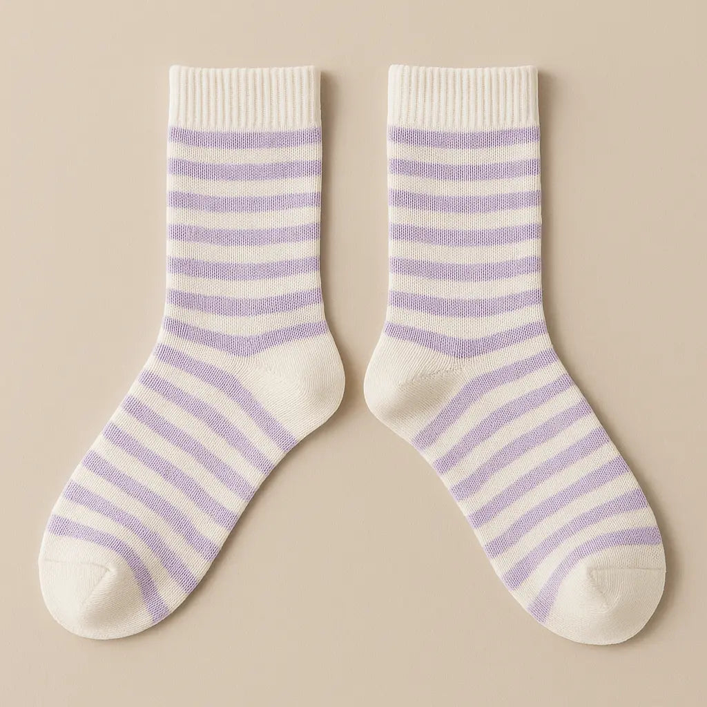 Chaussettes enfants rayures violet en coton mi-mollet paire