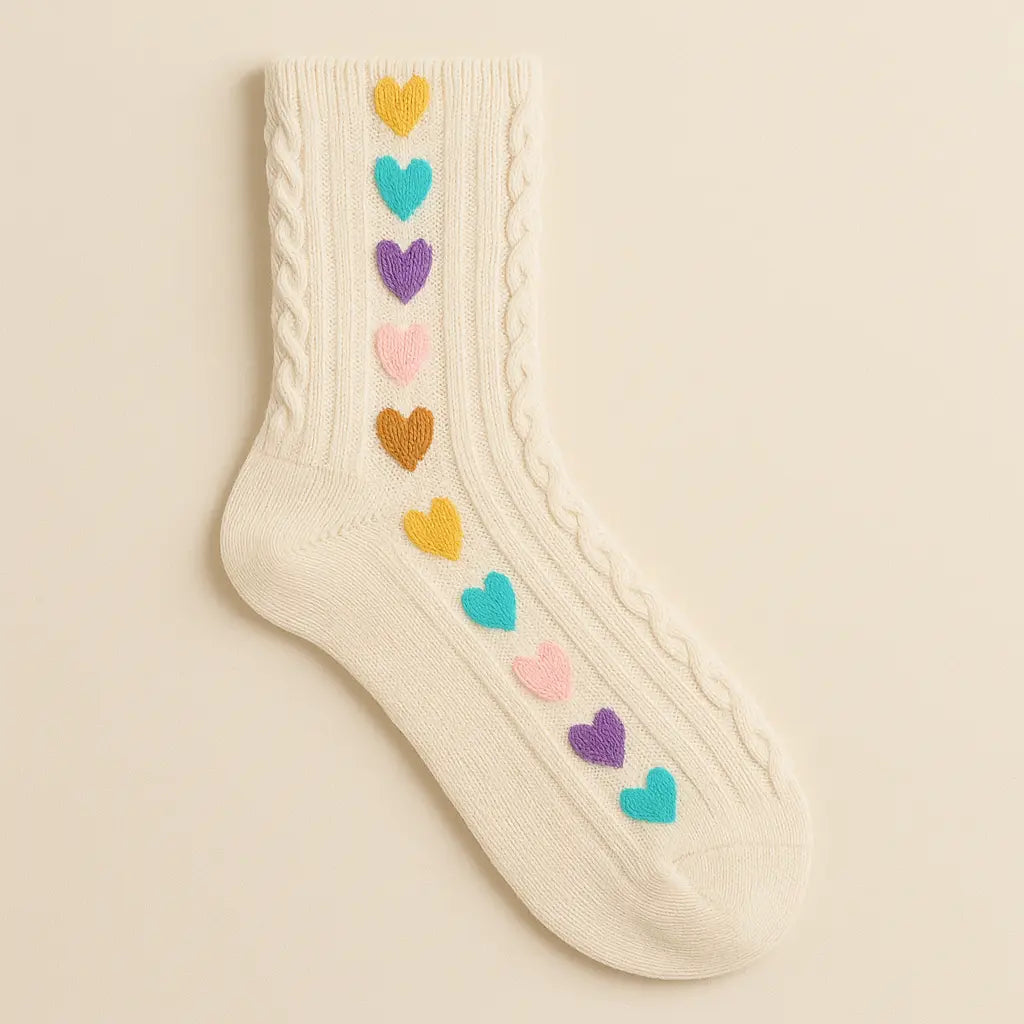 Chaussettes femme Cœurs mi-mollet en coton beige vue à plat