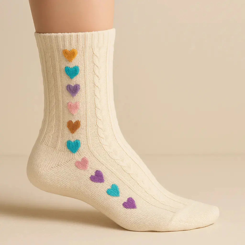 Chaussettes femme Cœurs mi-mollet en coton beige sur pied mannequin