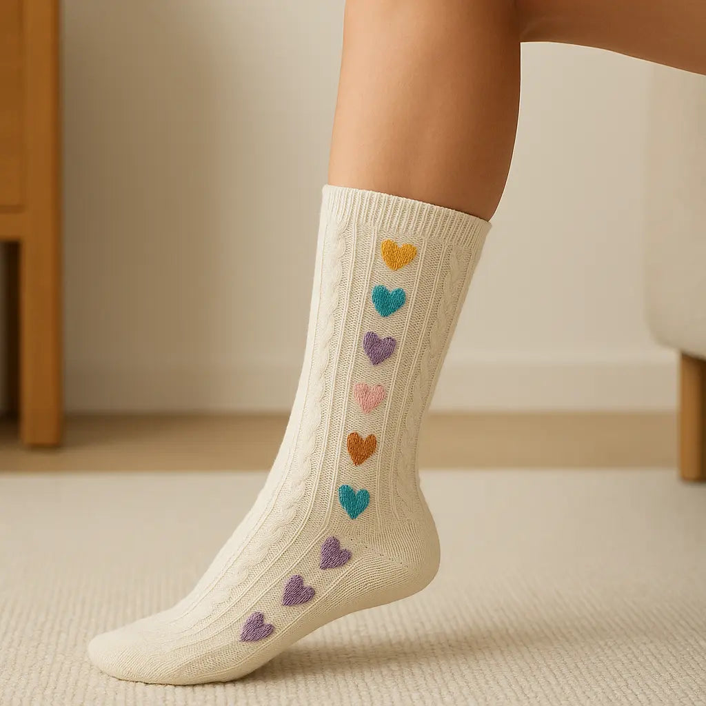 Chaussettes femme Cœurs mi-mollet en coton beige en situation