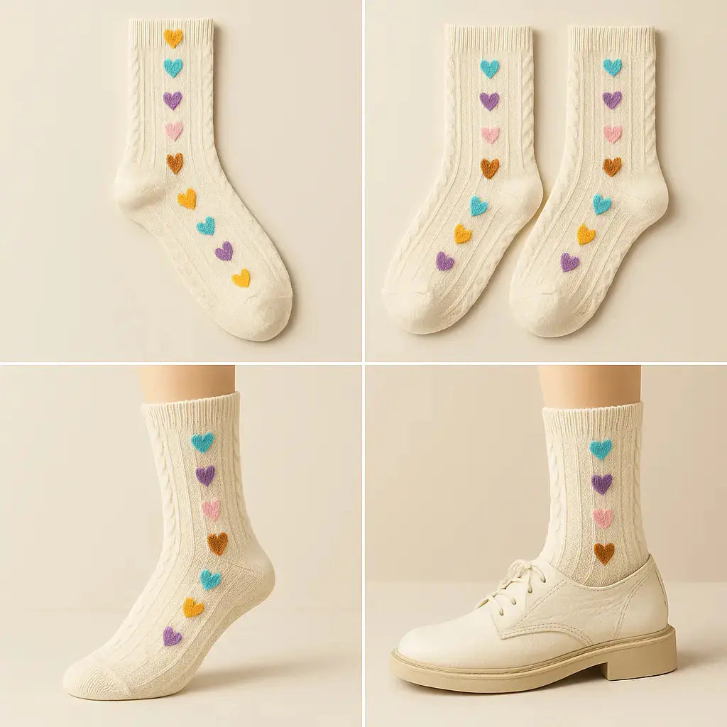 Chaussettes femme Cœurs mi-mollet en coton beige galerie produit