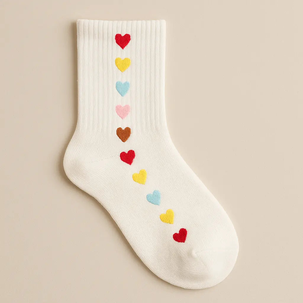 Chaussettes femmes Cœurs blanches en coton mi-mollet vue à plat
