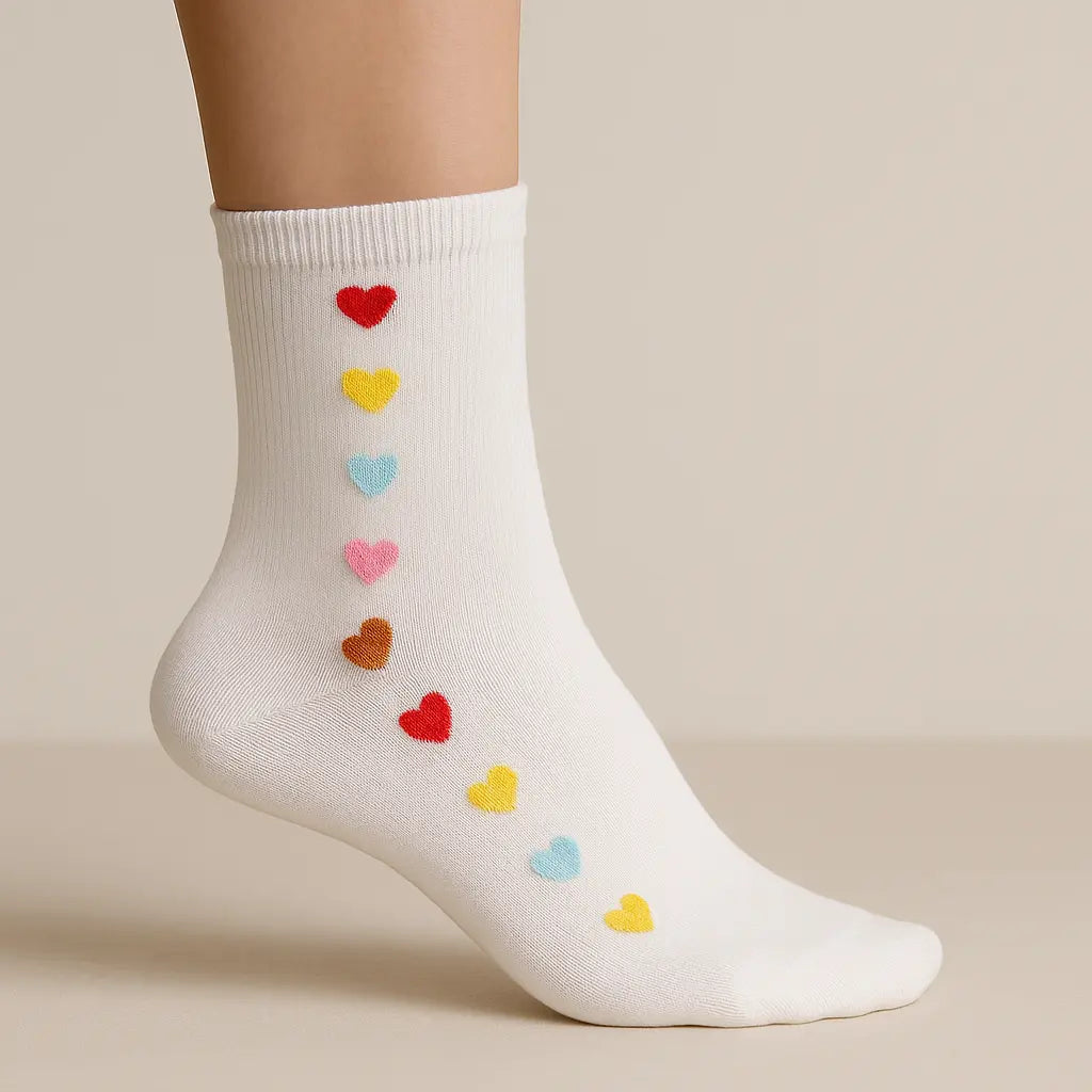 Chaussettes femmes Cœurs blanches en coton mi-mollet sur pied mannequin