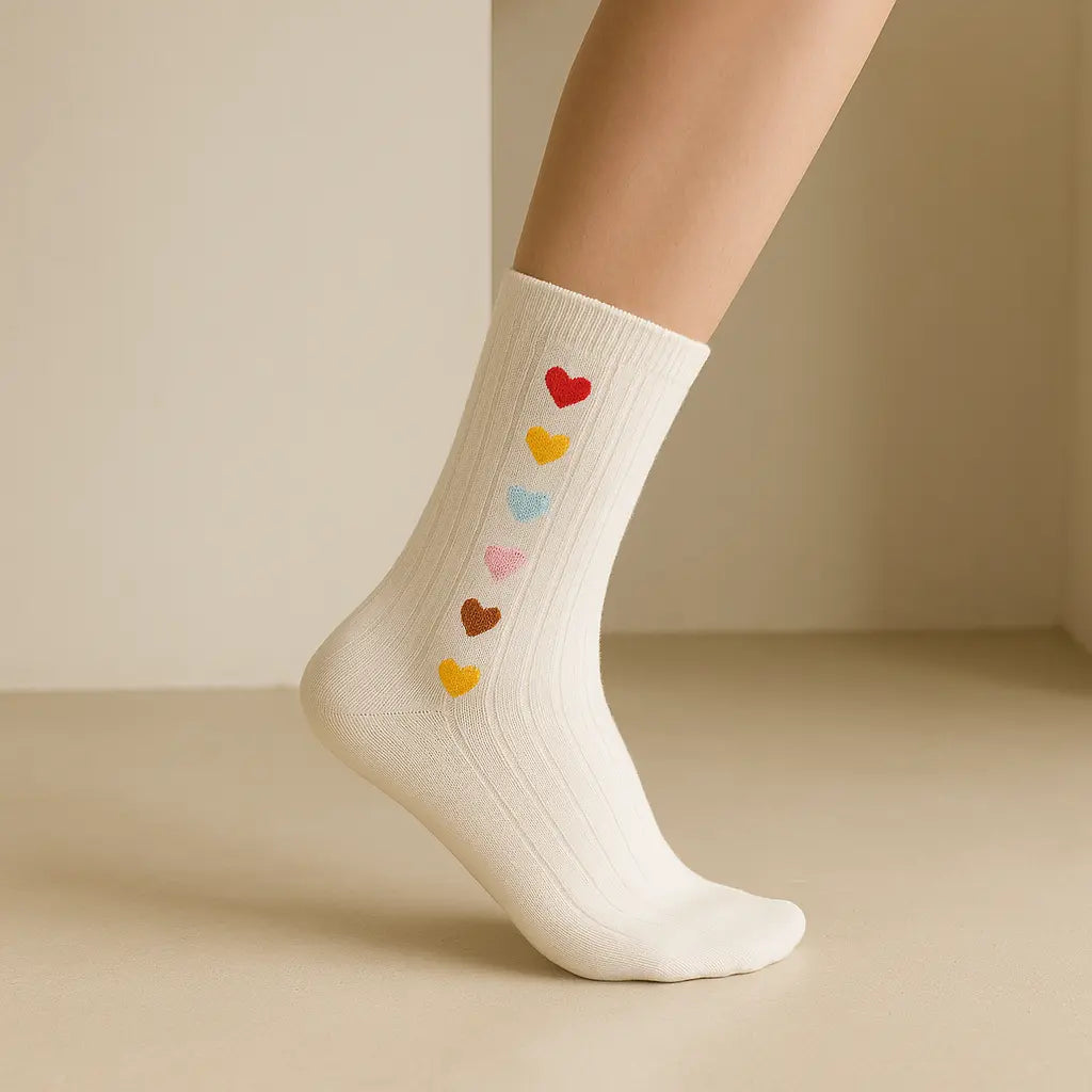 Chaussettes femmes Cœurs blanches en coton mi-mollet en situation