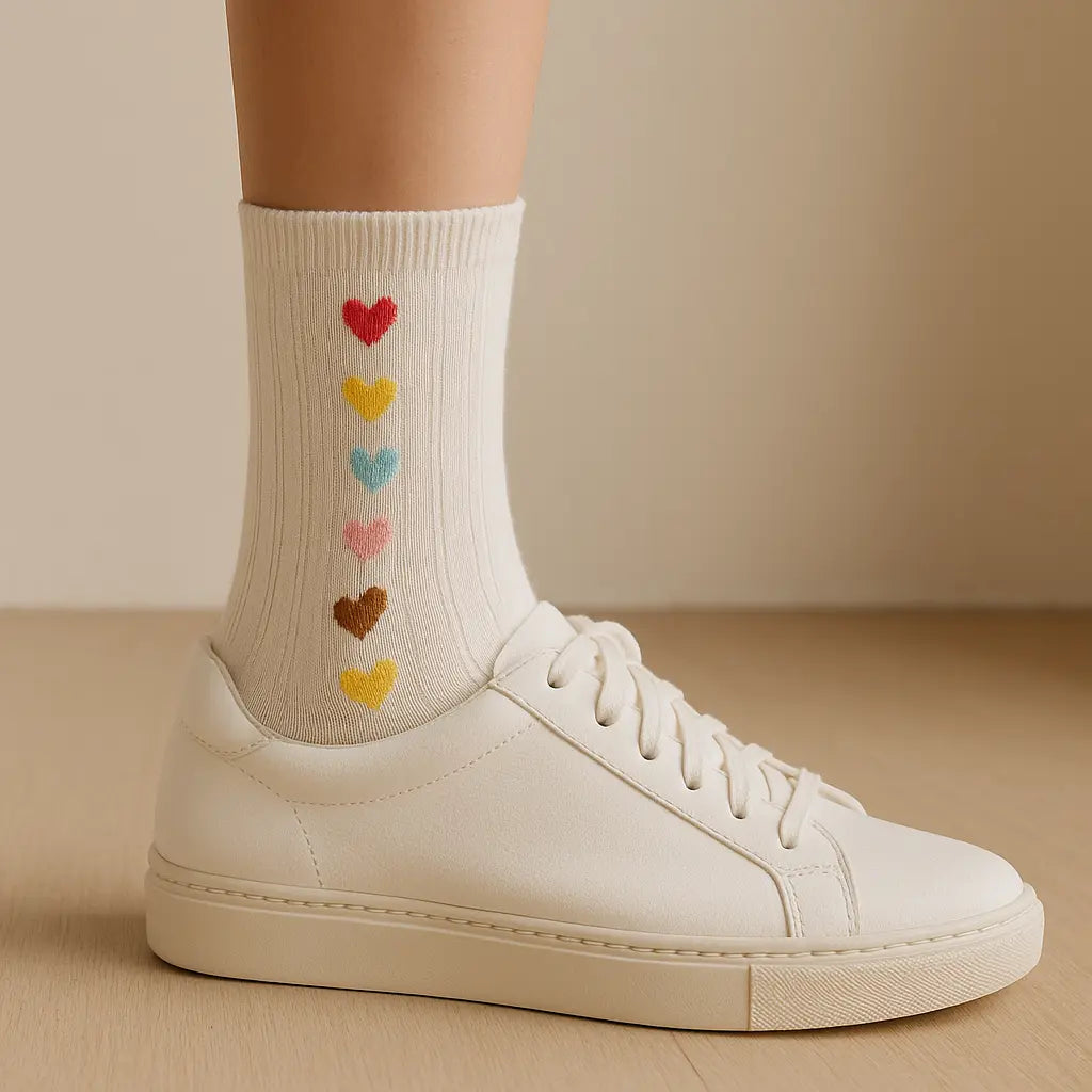 Chaussettes femmes Cœurs blanches en coton mi-mollet avec chaussures