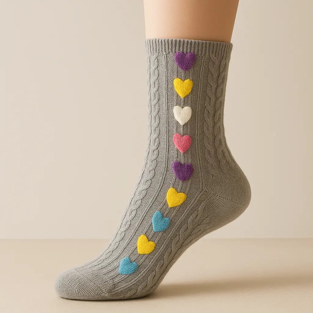 Chaussettes femmes Cœurs mollet coton gris clair sur pied mannequin