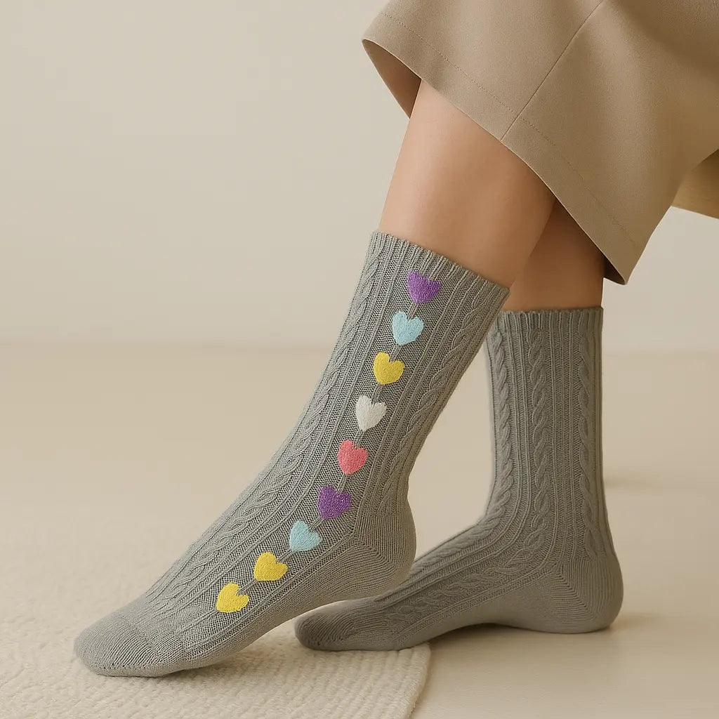 Chaussettes femmes Cœurs mollet coton gris clair en situation