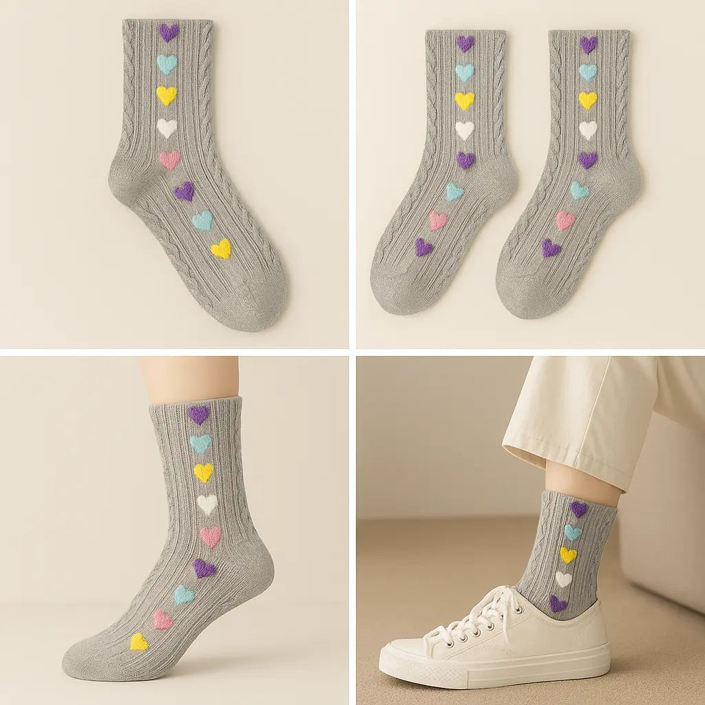 Chaussettes femmes Cœurs mollet coton gris clair galerie produit