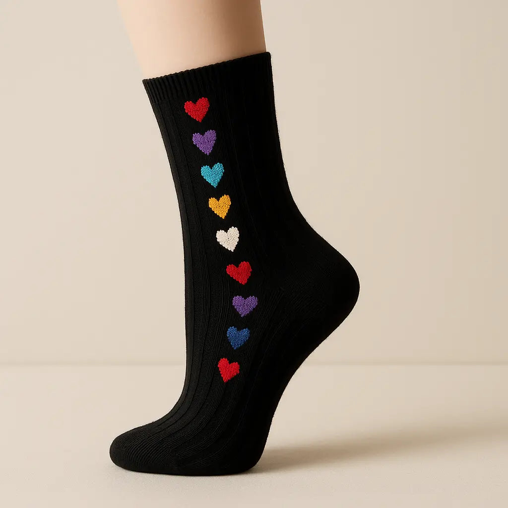 Chaussettes femmes Cœurs coton noir mollet sur pied mannequin