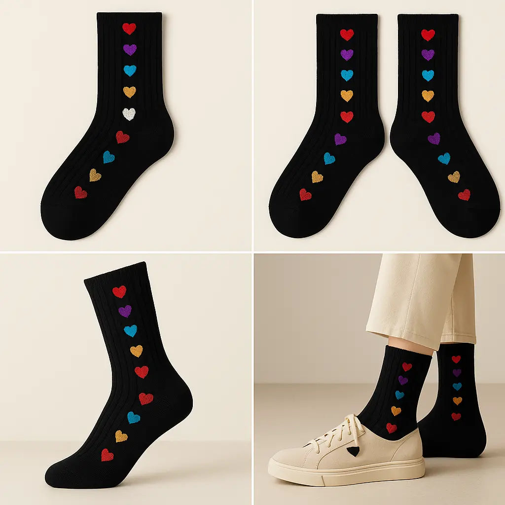 Chaussettes femmes Cœurs coton noir mollet galerie produit