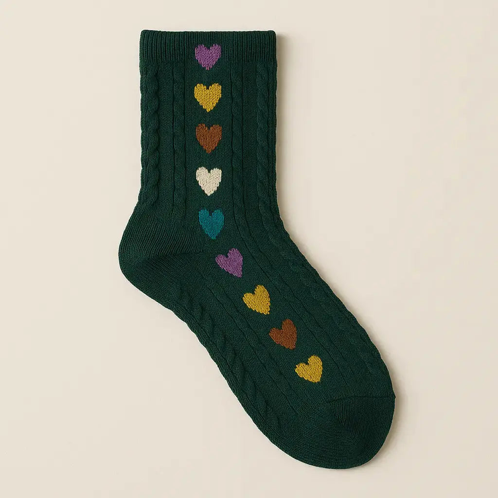 Chaussettes femmes Cœurs vertes en coton mi-mollet vue à plat