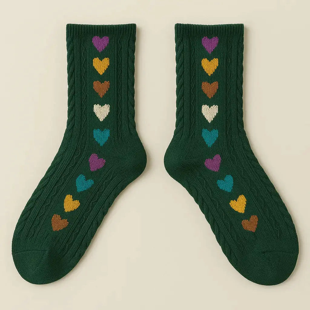 Chaussettes femmes Cœurs vertes en coton mi-mollet paire