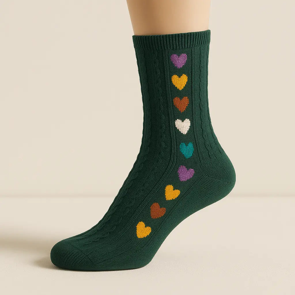 Chaussettes femmes Cœurs vertes en coton mi-mollet sur pied mannequin