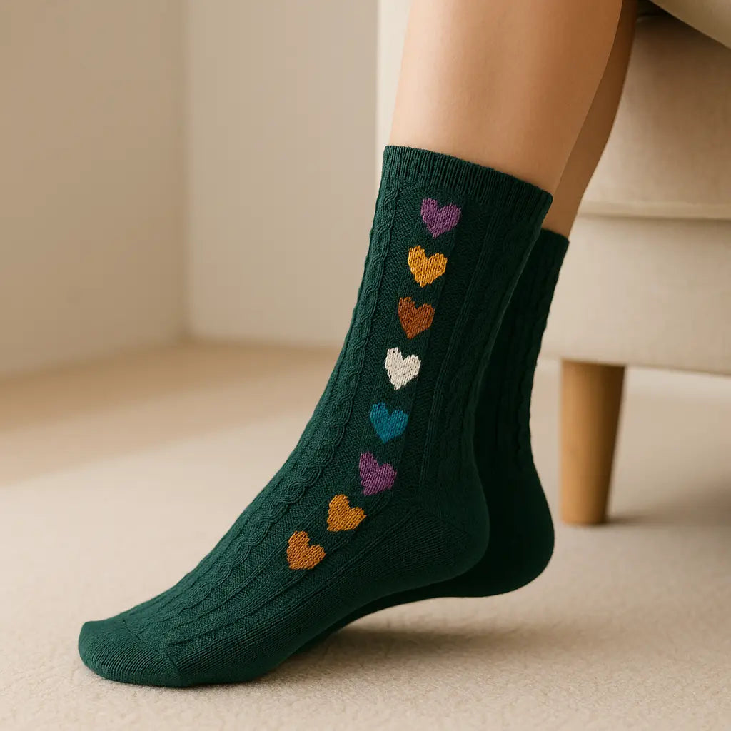 Chaussettes femmes Cœurs vertes en coton mi-mollet en situation