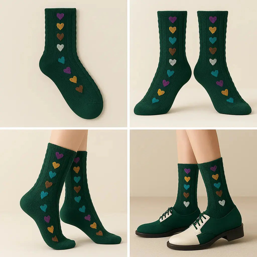 Chaussettes femmes Cœurs vertes en coton mi-mollet galerie produit