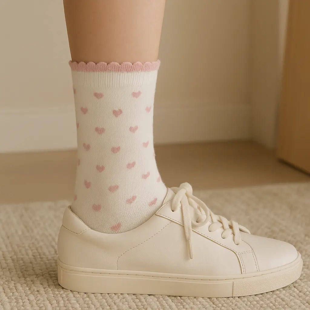 Chaussettes femmes Cœurs mi-mollet coton blanc en situation