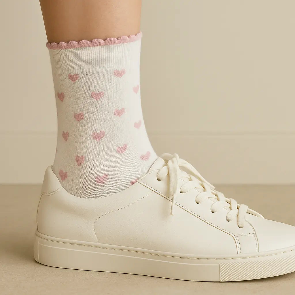 Chaussettes femmes Cœurs mi-mollet coton blanc avec chaussures
