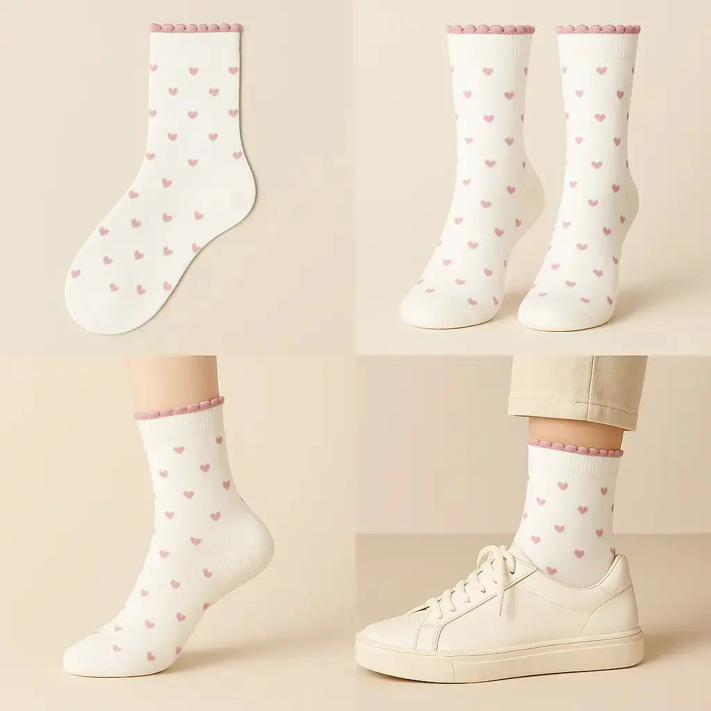 Chaussettes femmes Cœurs mi-mollet coton blanc galerie produit
