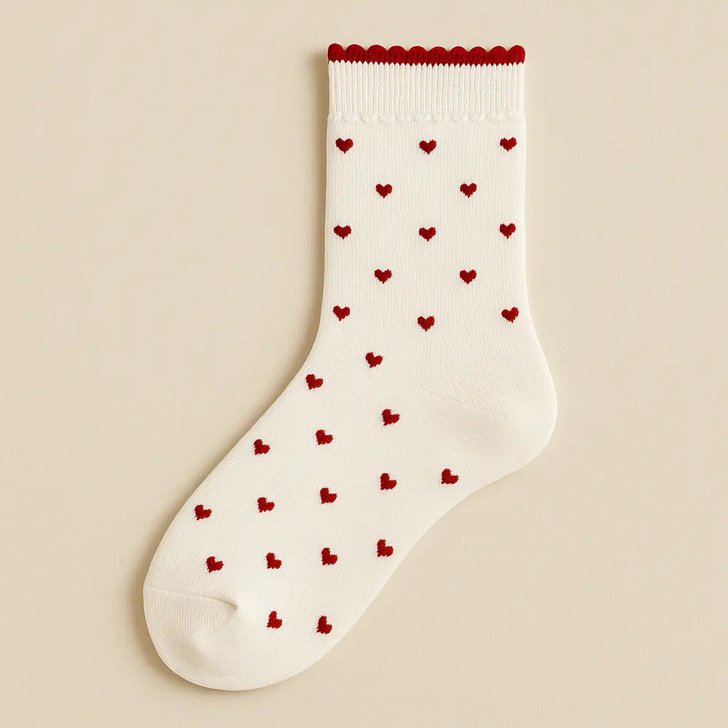 Chaussettes femmes Coeurs blanches mi-mollet coton vue à plat