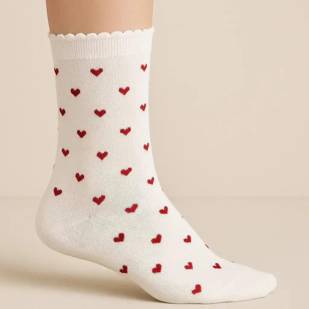 Chaussettes femmes Coeurs blanches mi-mollet coton sur pied mannequin