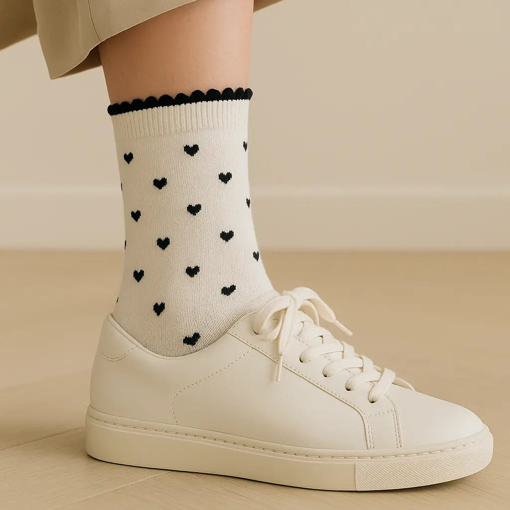 Chaussettes femmes Coeurs mi-mollet coton blanc avec chaussures