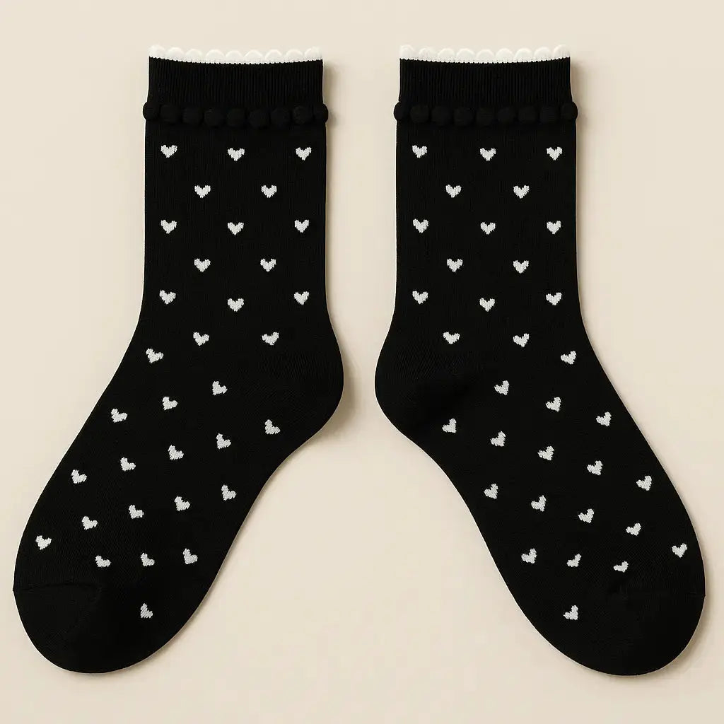 Chaussettes femmes Cœurs mi-mollet coton noir paire
