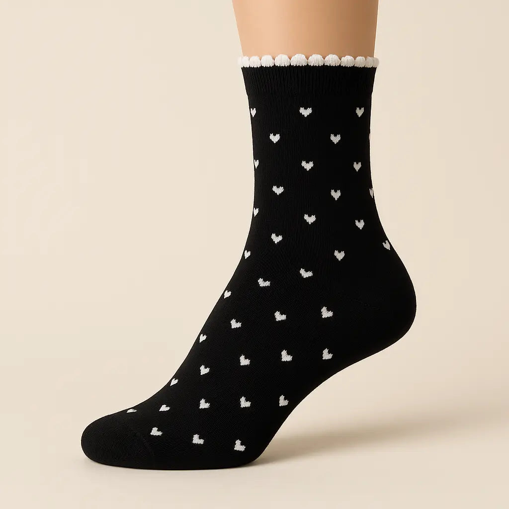 Chaussettes femmes Cœurs mi-mollet coton noir sur pied mannequin