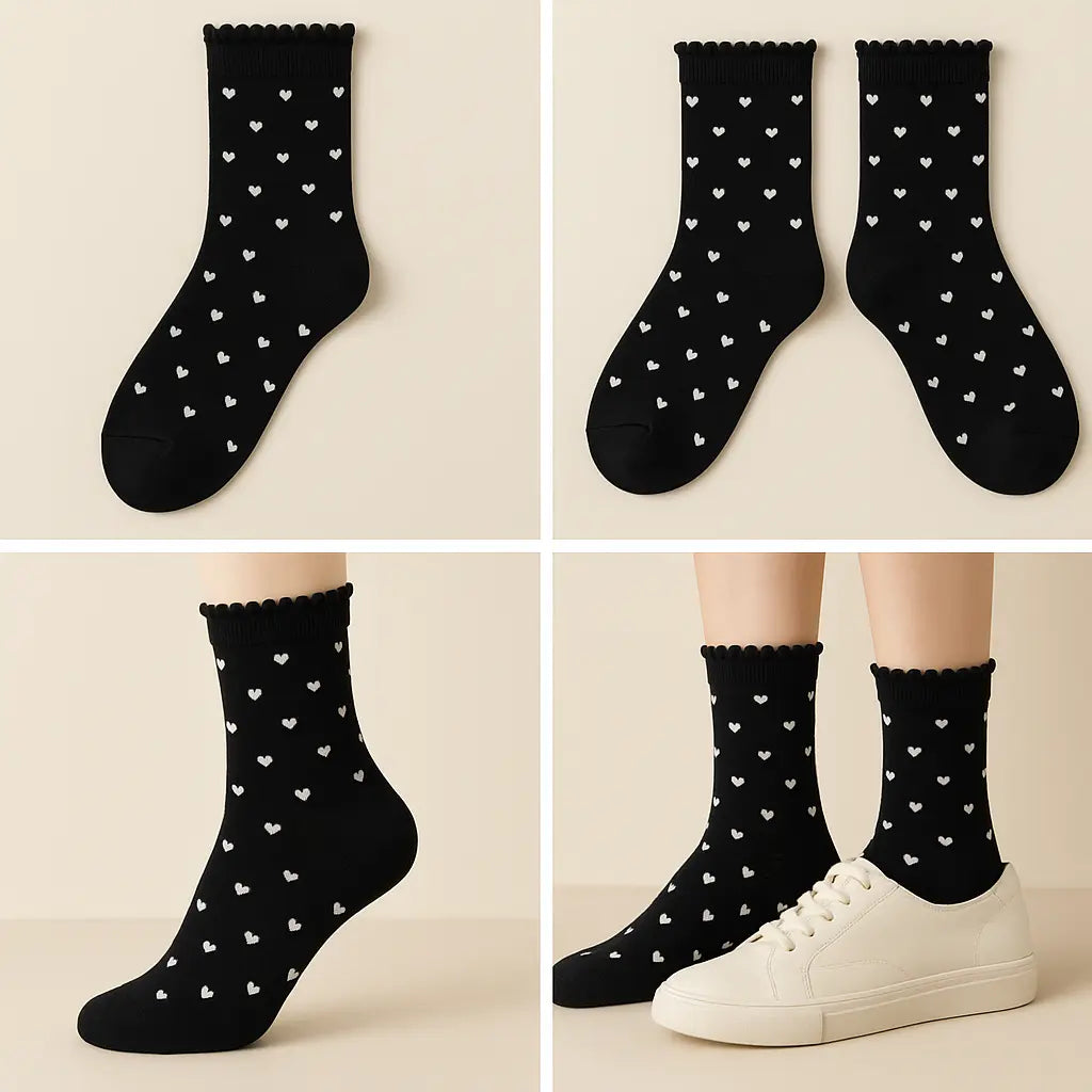 Chaussettes femmes Cœurs mi-mollet coton noir galerie produit