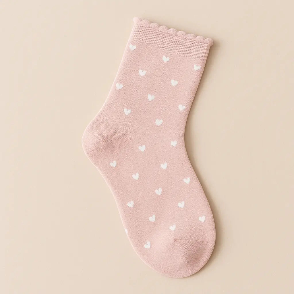 Chaussettes femmes Cœurs roses mi-mollet en coton vue à plat