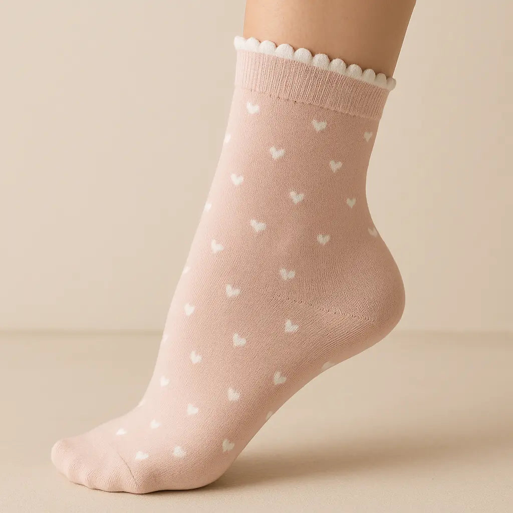 Chaussettes femmes Cœurs roses mi-mollet en coton sur pied mannequin