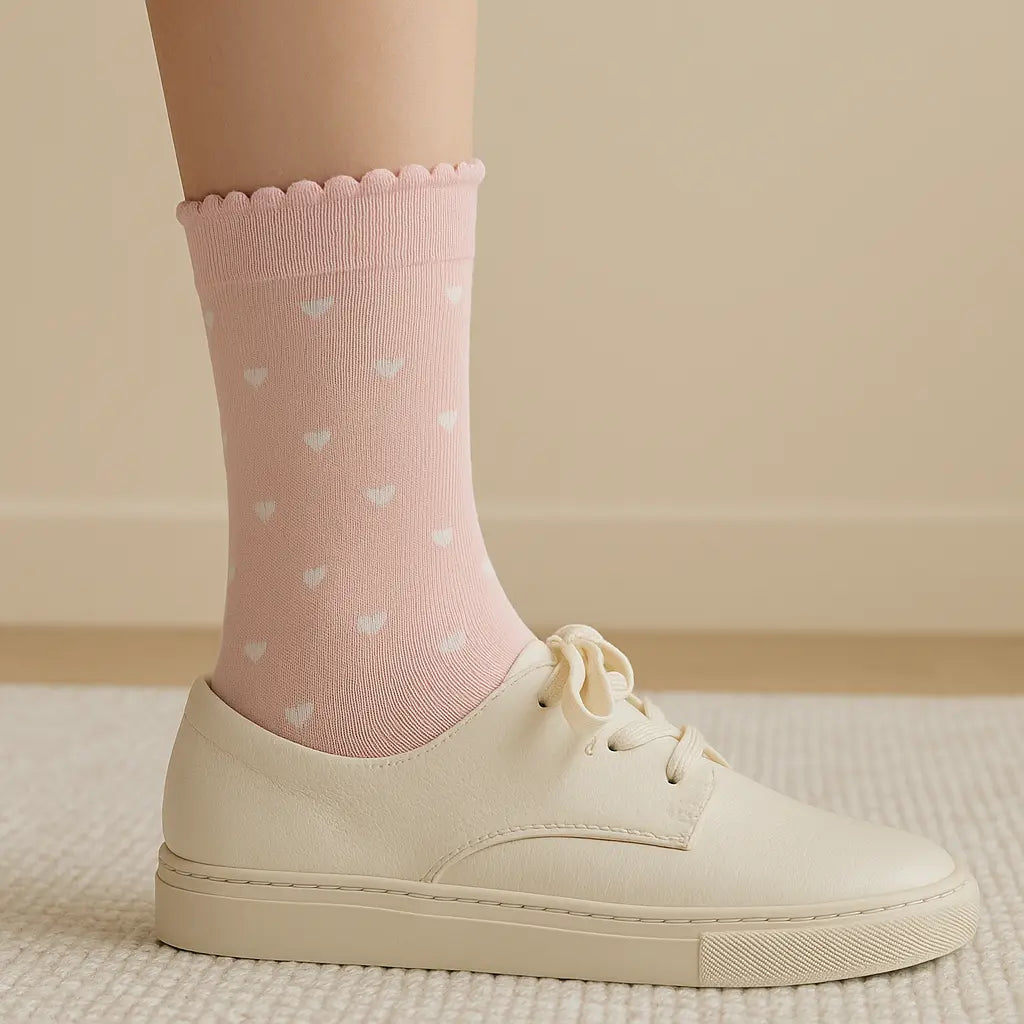 Chaussettes femmes Cœurs roses mi-mollet en coton en situation