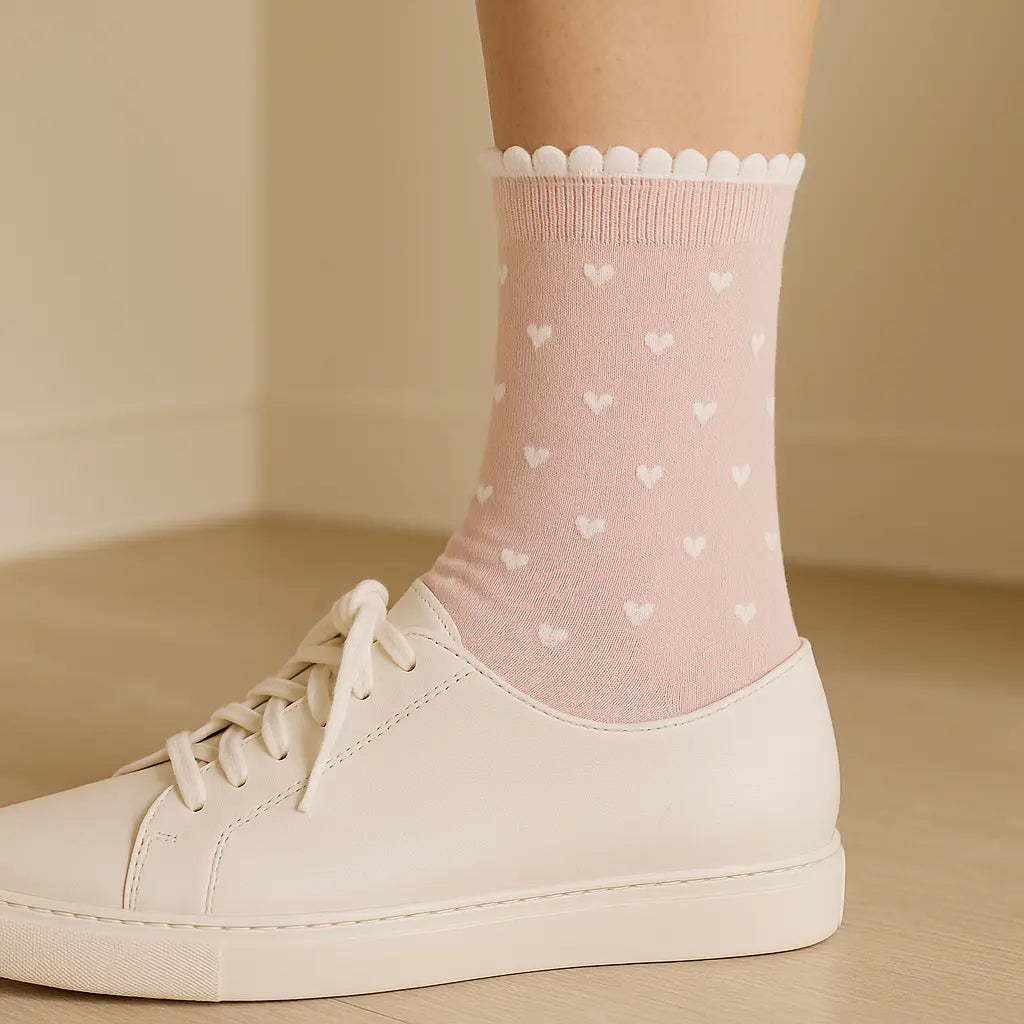 Chaussettes femmes Cœurs roses mi-mollet en coton avec chaussures