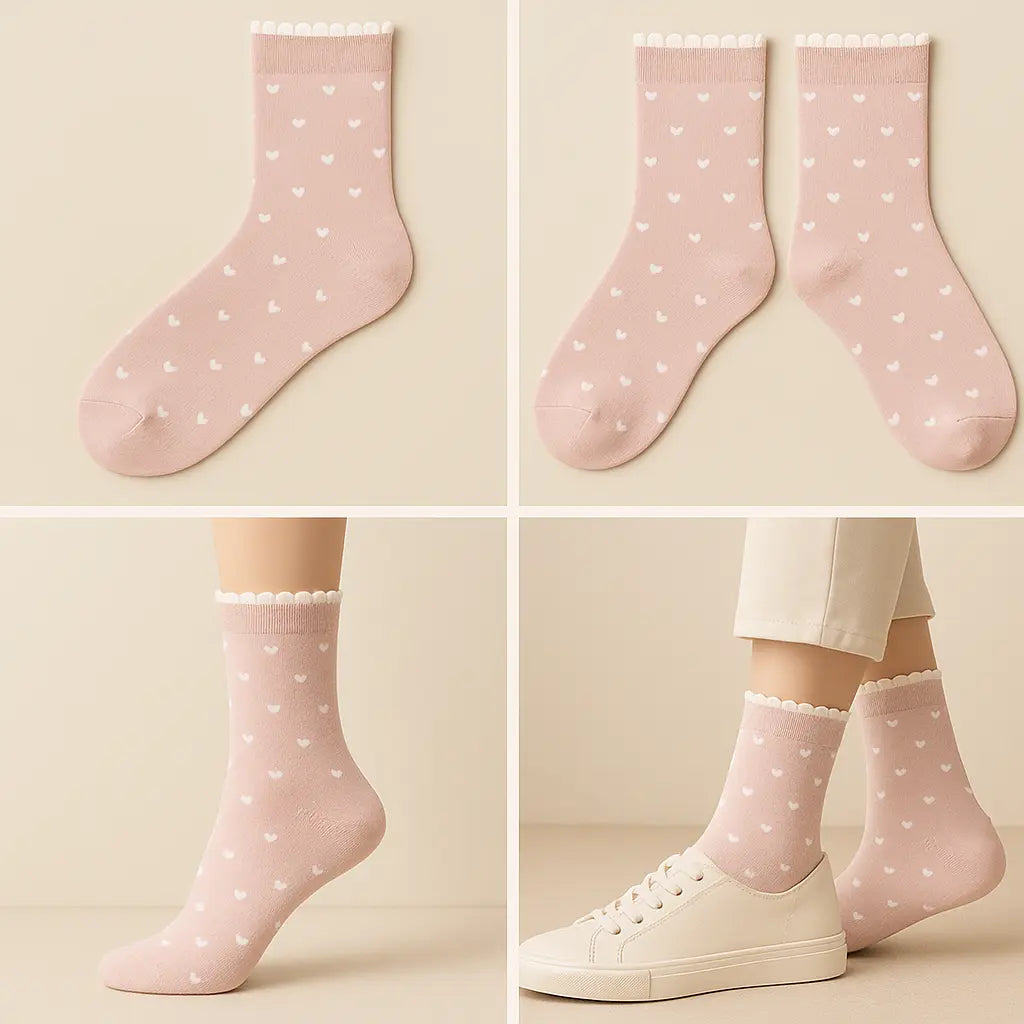 Chaussettes femmes Cœurs roses mi-mollet en coton galerie produit