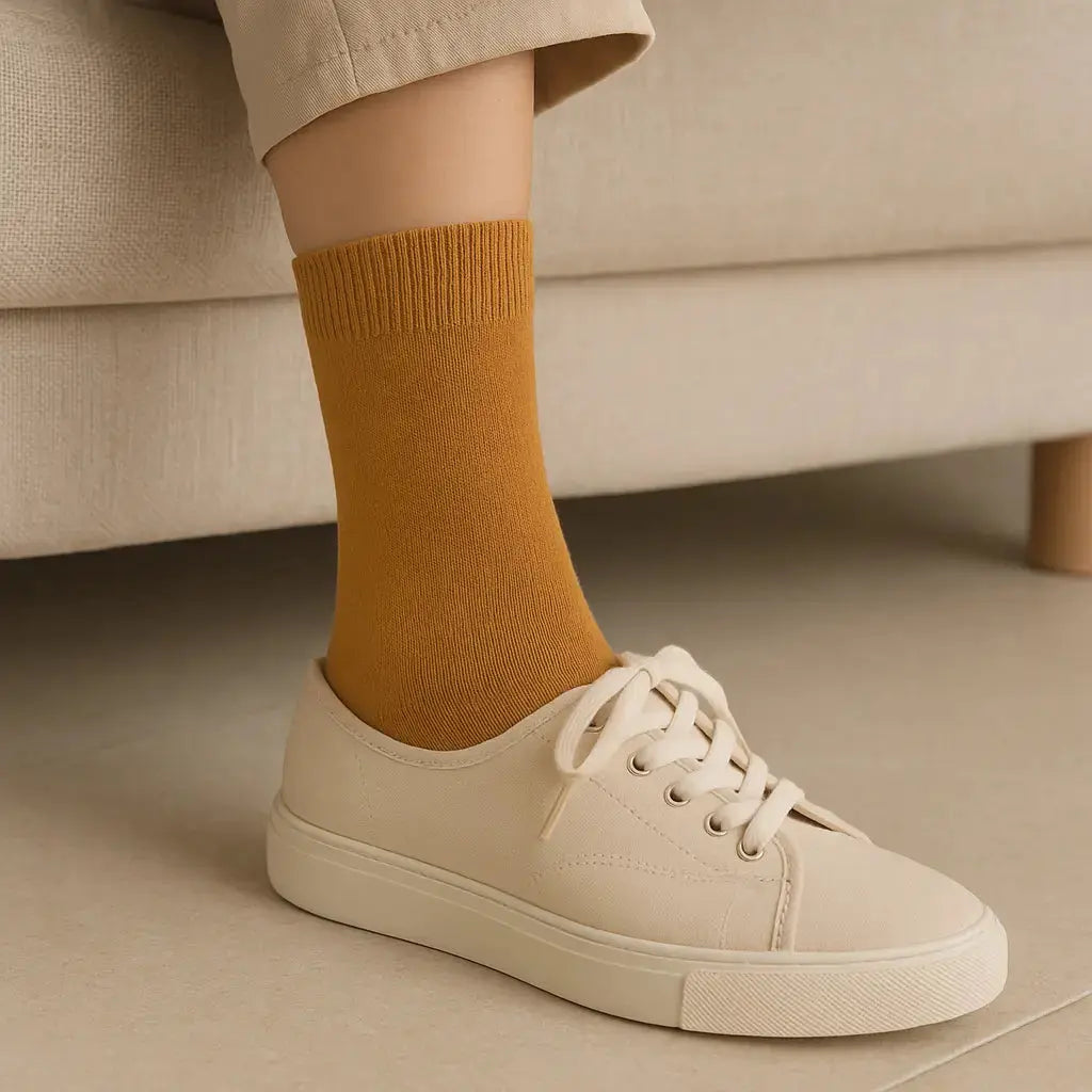 Chaussettes femmes Couleurs jaune moutarde en coton mollet en situation