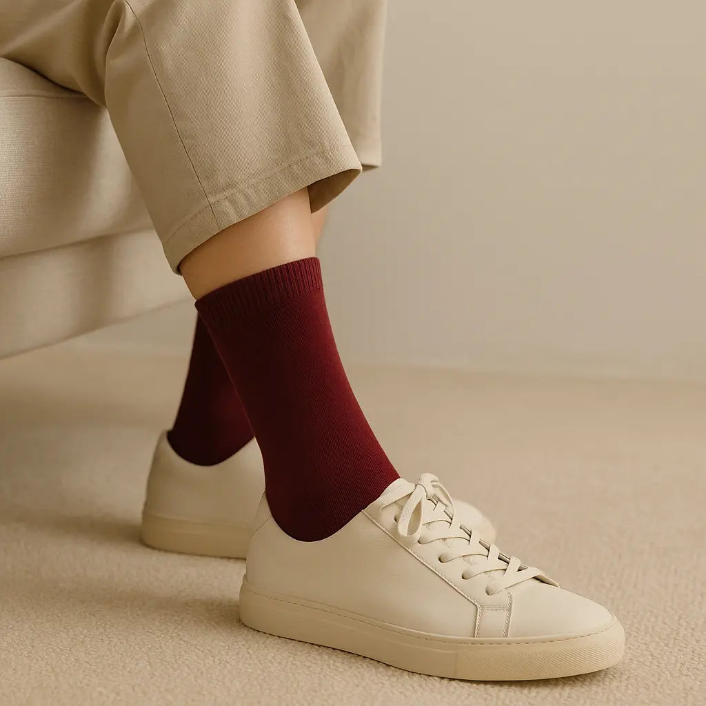 Chaussettes femmes Couleurs rouge bordeaux en coton mollet en situation