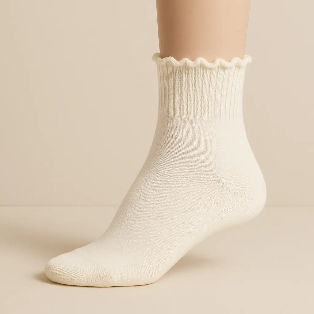 Chaussettes femmes dentelle courtes en coton avoine sur pied mannequin