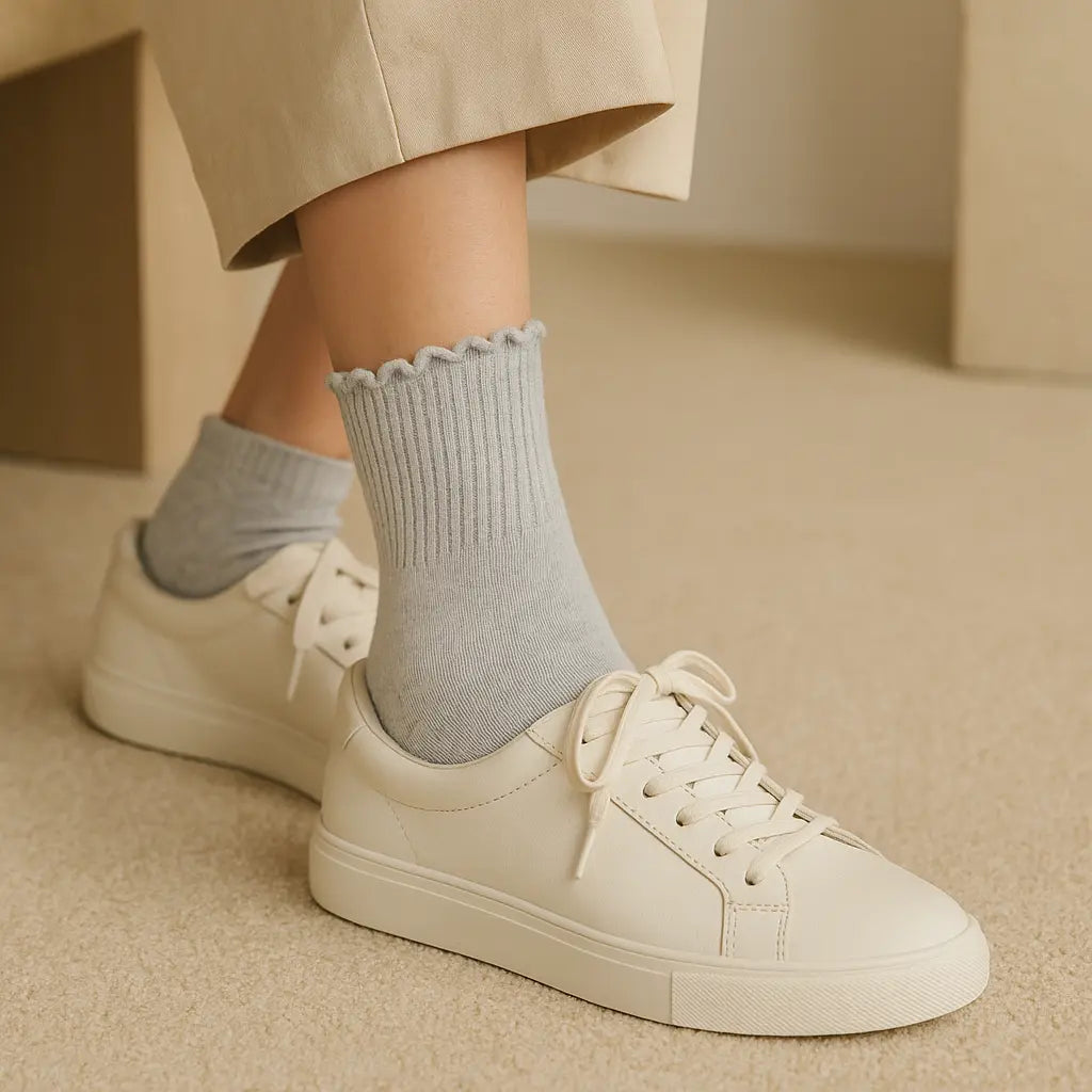 Chaussettes femme Dentelles courtes coton gris clair en situation