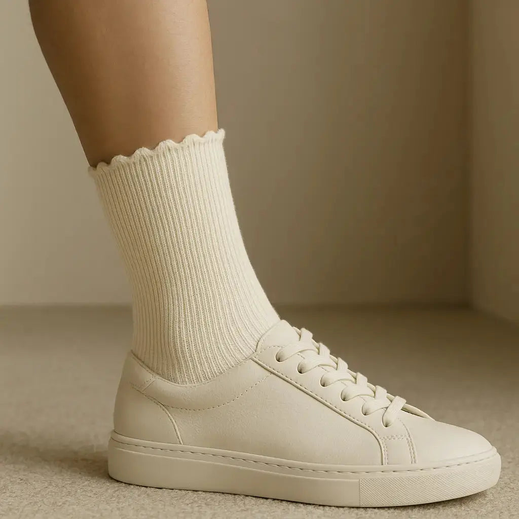 Chaussettes femmes Dentelles courtes en coton jaune clair en situation