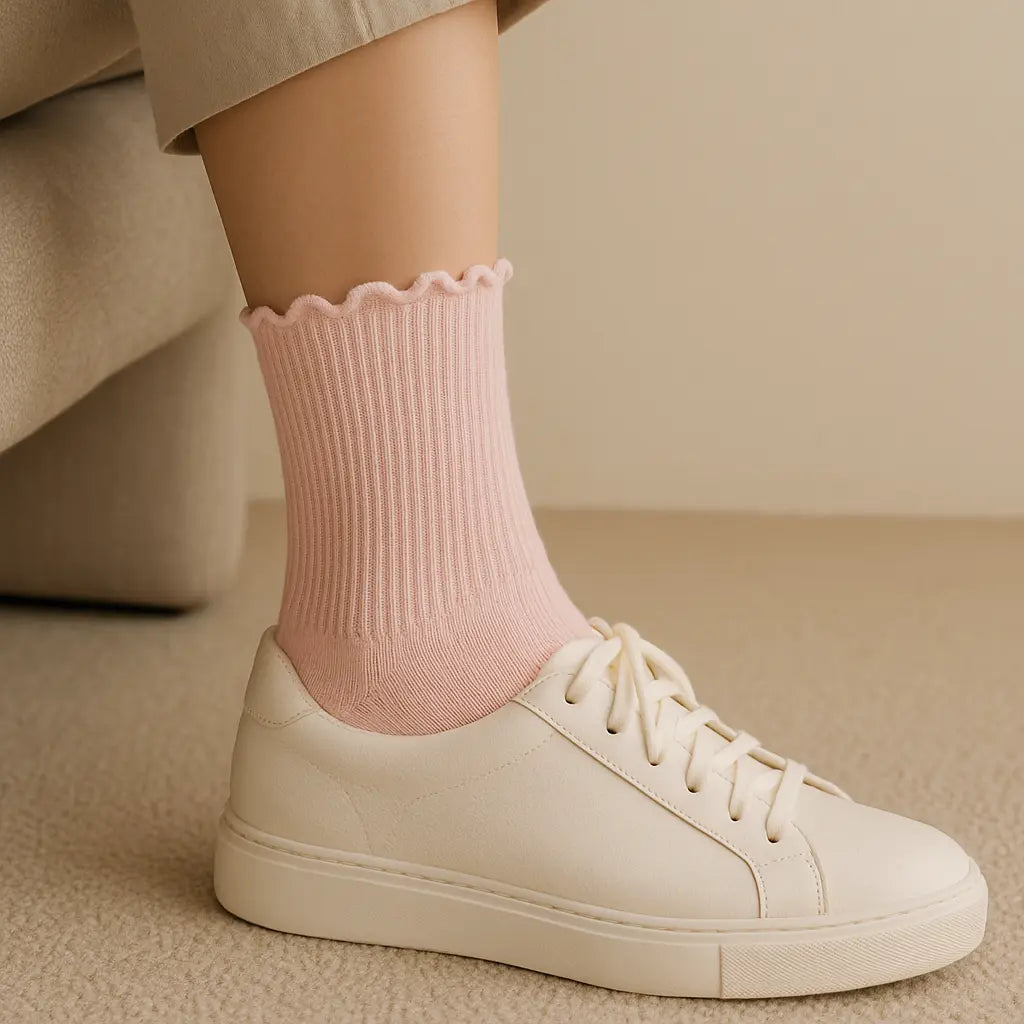 Chaussettes femmes dentelles courtes en coton rose clair en situation