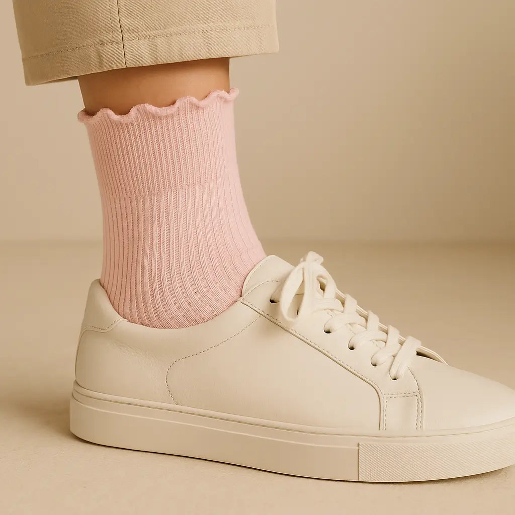 Chaussettes femmes dentelles courtes en coton rose clair avec chaussures